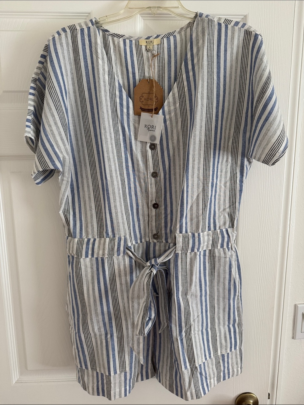 Kori Blue, White and Gray Striped Short-Sleeve Tie-Waist Romper